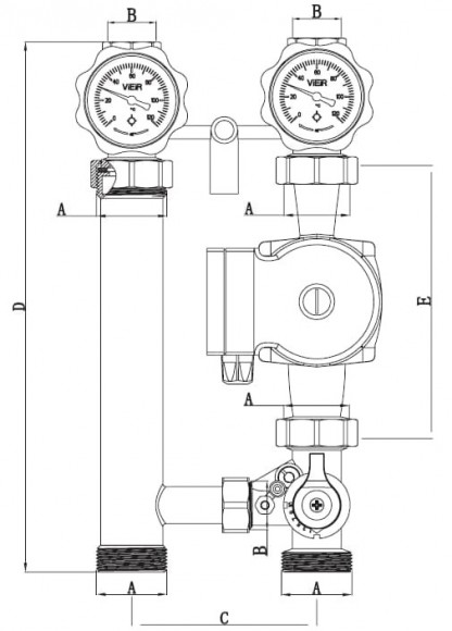 Насосная группа с 3-х ходовым смесительным клапаном 1" без насоса Vieir Насосная группа с 3-х ходовым смесительным клапаном 1" без насоса Vieir